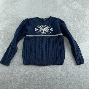 Lands End Girls XL Cable Knit Navy Sweater With Snowflake Design 100% Cotton 367